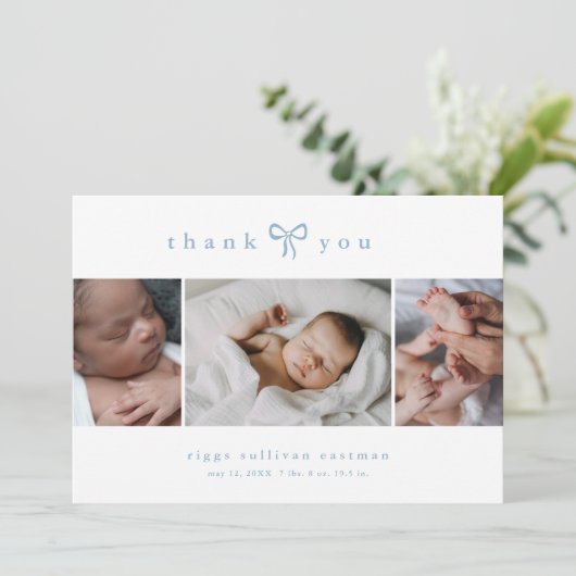 Simple Bow Boy Photo Collage Baby Dankeskarte (Stehend Vorderseite)