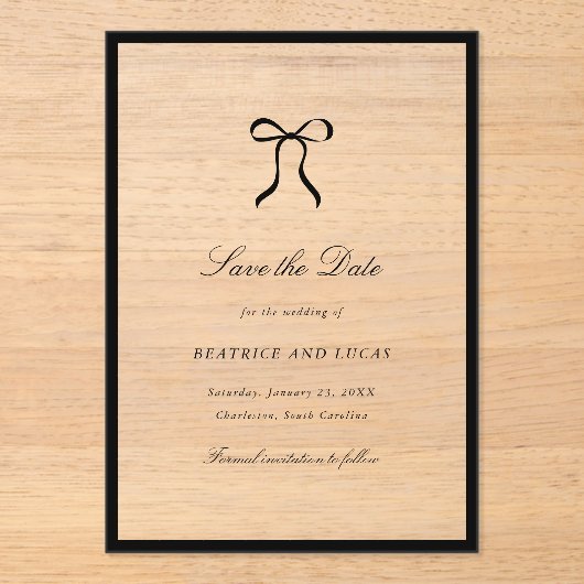 Simple Bow Classic Wedding Save the Date Acryleinladungen (Vorderseite)