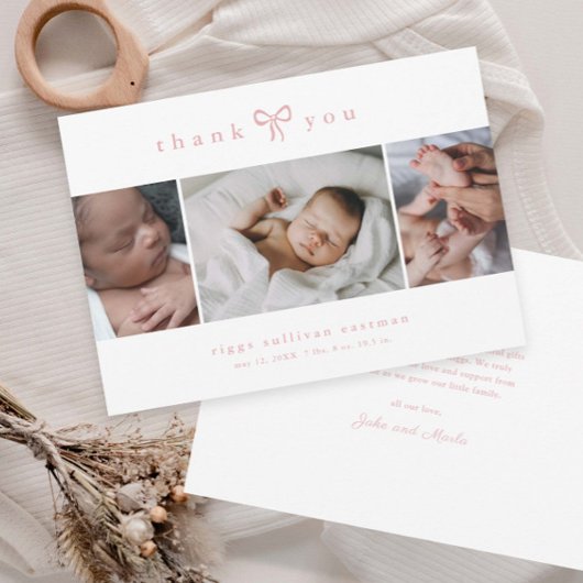 Simple Bow Girl Photo Collage Baby Dankeskarte