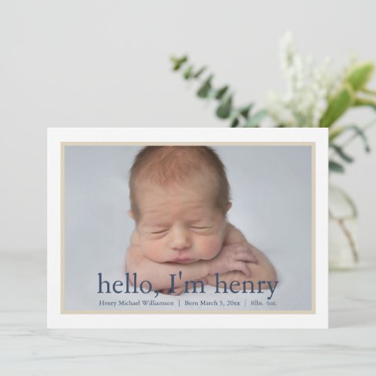 Simple Boy Blue Tan Foto Geburtserklärung Ankündigung (Stehend Vorderseite)