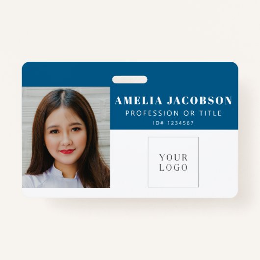 Simple Bright Blue Employee Photo ID Logo Barcode Ausweis (Vorderseite)