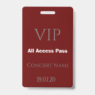 Simple Burgund VIP All Access Pass Konzert Abzeich Ausweis