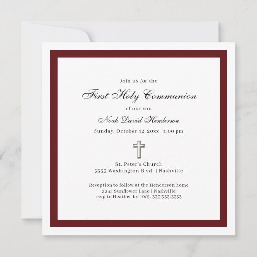 Simple Burgundy and White First Holy Communion Einladung (Vorderseite)
