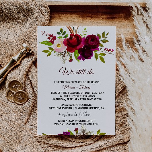 Simple Burgundy Floral Vow Renewal Einladung