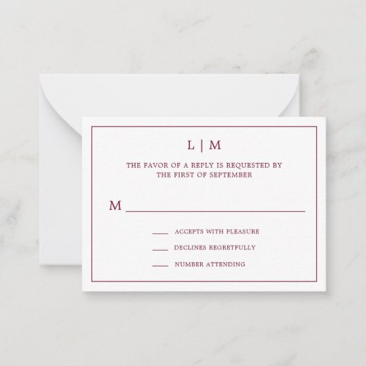 Simple Burgundy Monogram Elegant Mini Wedding RSVP Mitteilungskarte (Vorderseite)