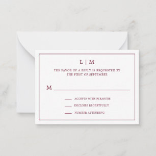 Simple Burgundy Monogram Elegant Mini Wedding RSVP Mitteilungskarte
