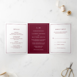 Simple Burgundy Monogram Elegant Wedding Dreifach Gefaltete Einladung