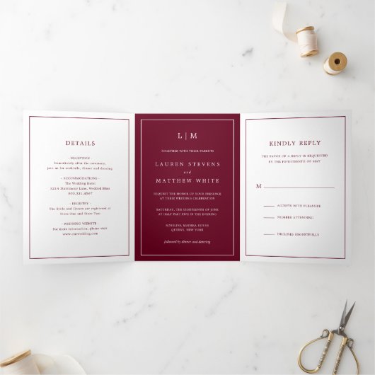 Simple Burgundy Monogram Elegant Wedding Dreifach Gefaltete Einladung (Innenseite)