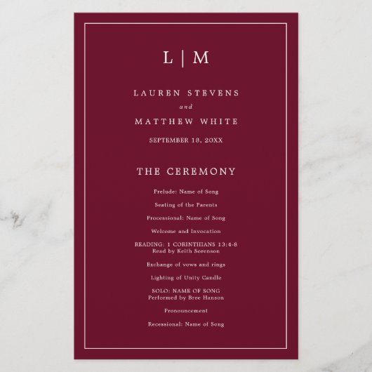 Simple Burgundy Monogram Elegant Wedding Program Flyer (Vorne)