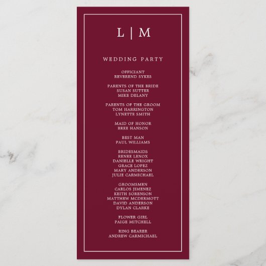 Simple Burgundy Monogram Elegant Wedding Programm (Rückseite)