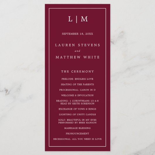 Simple Burgundy Monogram Elegant Wedding Programm (Vorderseite)