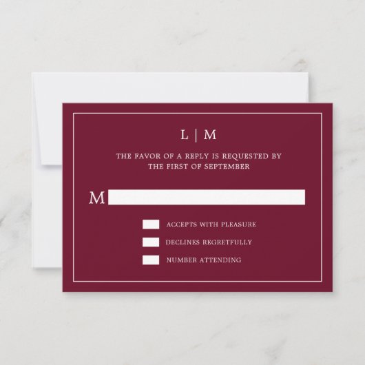 Simple Burgundy Monogram Elegant Wedding RSVP Karte (Vorderseite)