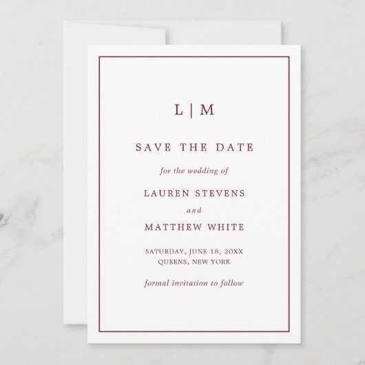 Simple Burgundy Monogram Elegant Wedding Save The Date (Vorderseite)