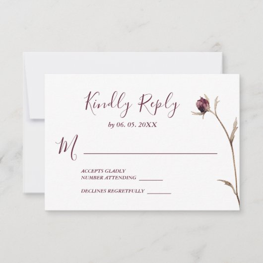 Simple Burgundy Wild Blume Floral Wedding RSVP Karte (Vorderseite)