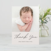 Simple Calligraphy Baby Shower Photo Dankeskarte (Stehend Vorderseite)