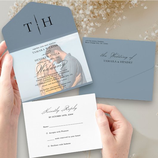 Simple Calligraphy Foto Dusty Blue UAWG Wedding All In One Einladung