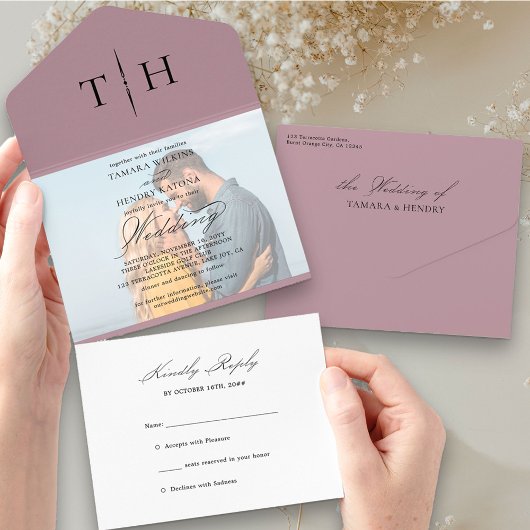 Simple Calligraphy Foto Dusty Rose UAWG Wedding All In One Einladung