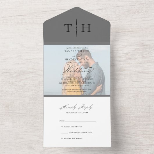 Simple Calligraphy Foto Gray UAWG Wedding All In One Einladung (Innen Boden)