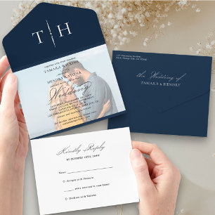 Simple Calligraphy Foto Navy Blue UAWG Wedding Al All In One Einladung