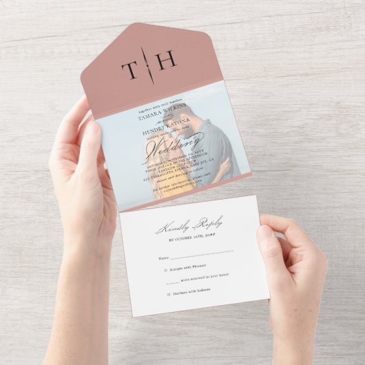 Simple Calligraphy Foto Rose Gold UAWG Wedding All In One Einladung (Abreißen)