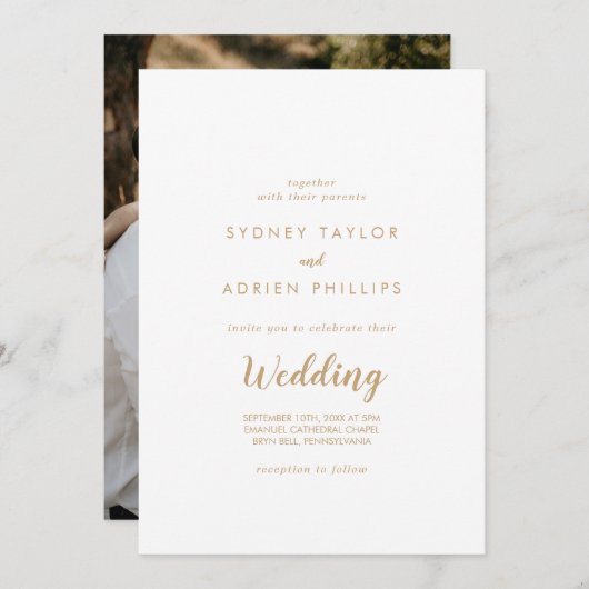 Simple Calligraphy|Gold Foto Informelle Hochzeit Einladung (Vorne/Hinten)