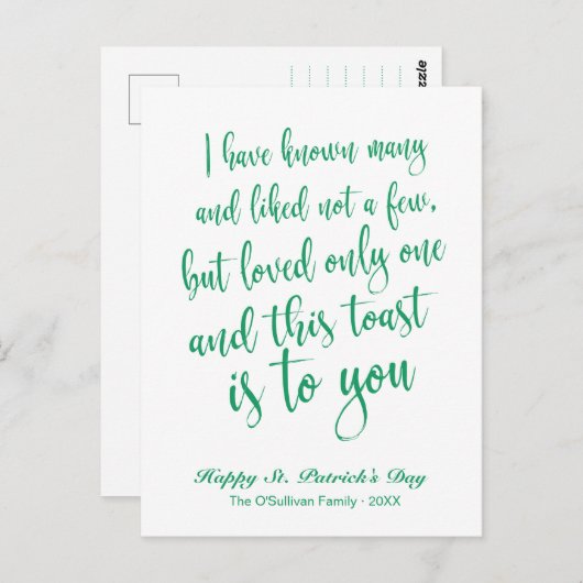 Simple Calligraphy Irish Toast St. Patrick's Day Postkarte (Vorne/Hinten)