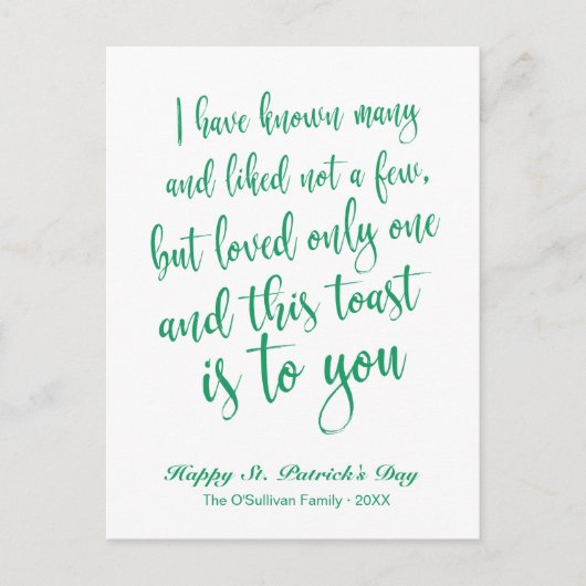 Simple Calligraphy Irish Toast St. Patrick's Day Postkarte (Vorderseite)