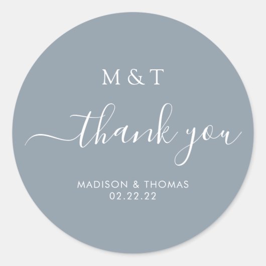 Simple Calligraphy Monogram Dusty Blue Wedding Runder Aufkleber (Vorderseite)