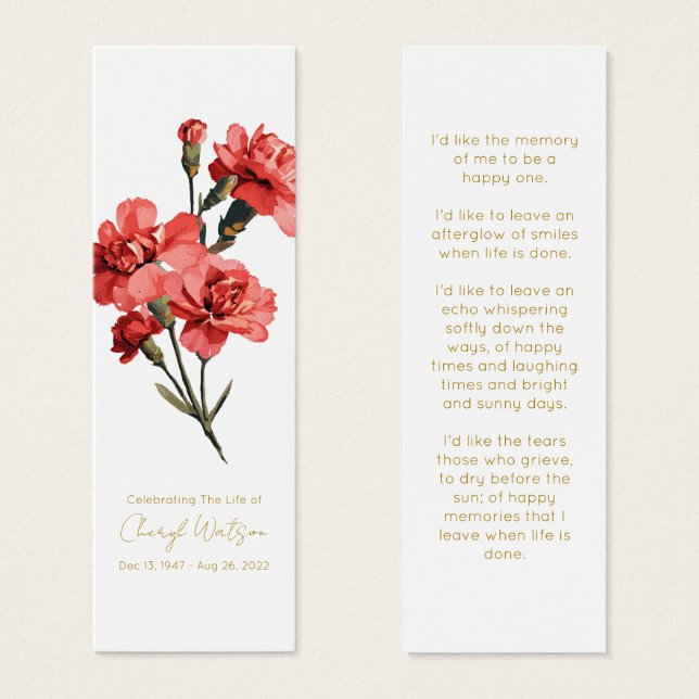 Simple Carnation Funeral Memorial Bookmark (Vorne & Hinten)