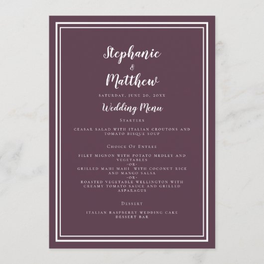 Simple Cassis Lila Wedding Menu Klassisch Gerahmt Menükarte (Vorderseite)