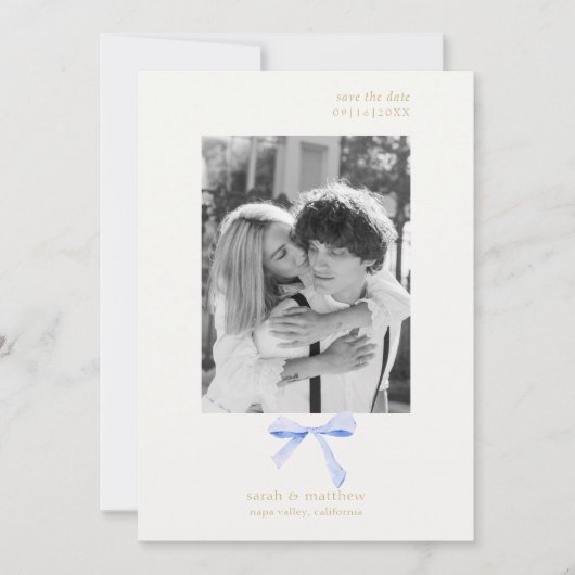 Simple Chic Blue Ribbon | Aus Weiß Save the Date Einladung (Vorderseite)