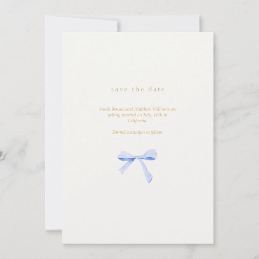Simple Chic Blue Ribbon | Aus Weiß Save the Date Einladung (Rückseite)