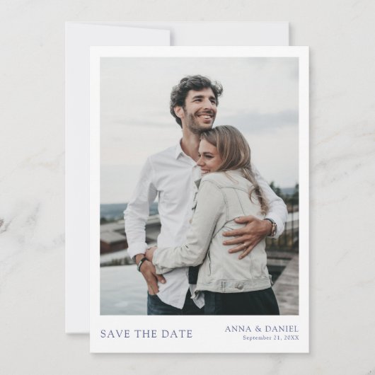 Simple Chic Blue Typografy Foto Save the Date Einladung (Vorderseite)