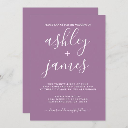 Simple Chic Calligraphy Dusty Lavender Wedding Einladung (Vorne/Hinten)