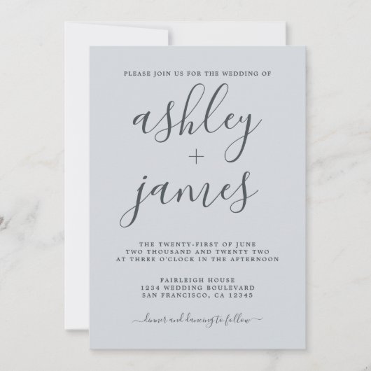 Simple Chic Calligraphy Pastel Blue Wedding Einladung (Vorderseite)
