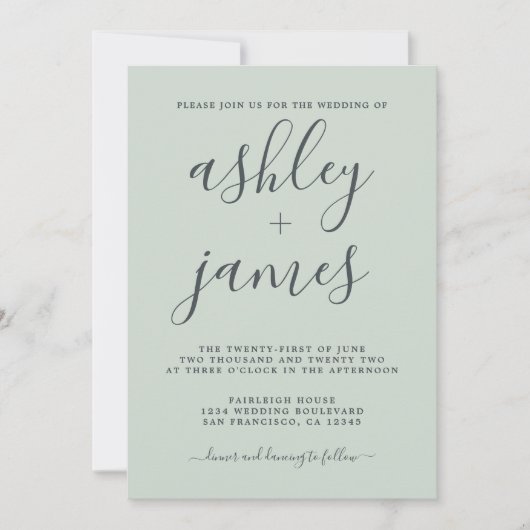 Simple Chic Calligraphy Pastel Green Wedding Einladung (Vorderseite)