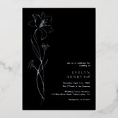 Simple Chic Floral Elegant Wedding Black & Silver Folieneinladung (Vorderseite)
