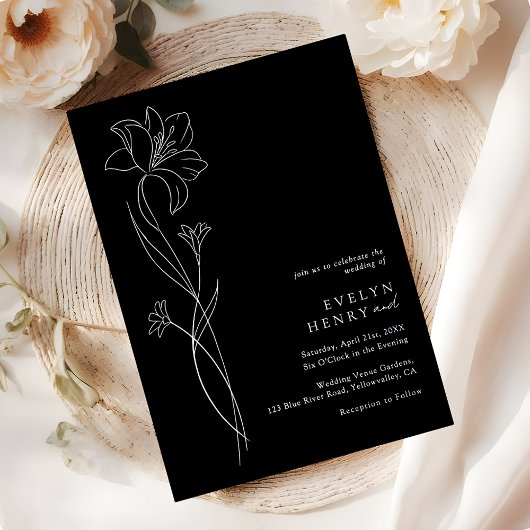 Simple Chic Floral Elegant Wedding Black & Silver Folieneinladung