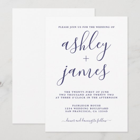 Simple Chic Navy Blue Calligraphy Wedding Einladung (Vorne/Hinten)