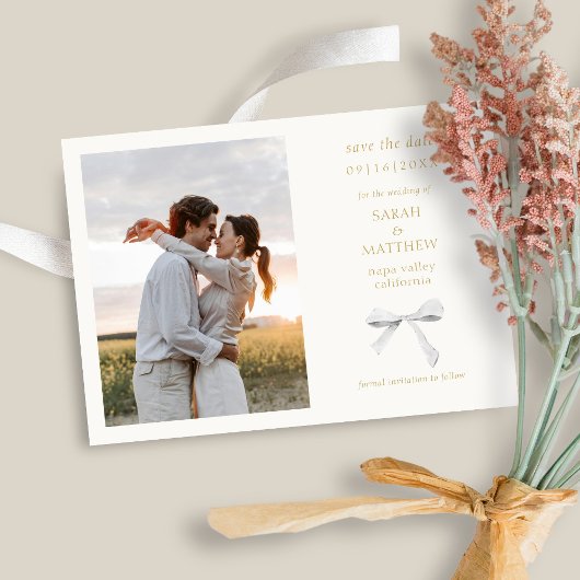 Simple Chic Ribbon Bow | Aus Weiß Save the Date Einladung