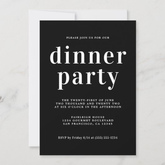 Simple Chic Typografy Black Dinner Party Einladung (Vorderseite)