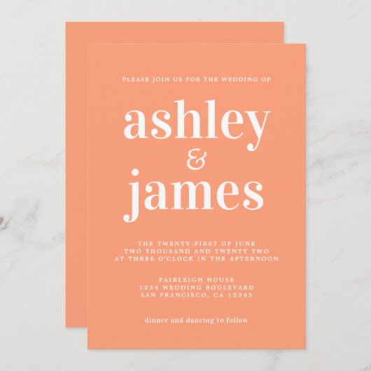 Simple Chic Typografy Cantaloupe Orange Wedding Einladung (Vorne/Hinten)