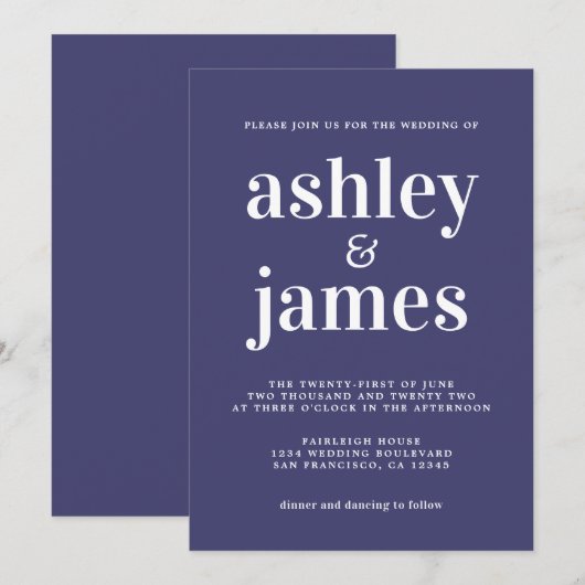 Simple Chic Typografy Navy Blue Wedding Einladung (Vorne/Hinten)