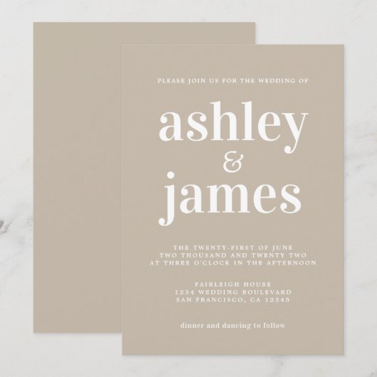 Simple Chic Typografy Shiitake Gray Wedding Einladung (Vorne/Hinten)