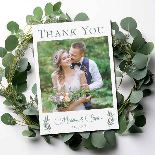 Simple Chic Wedding Foto Green Eucalyptus Leaf Dankeskarte