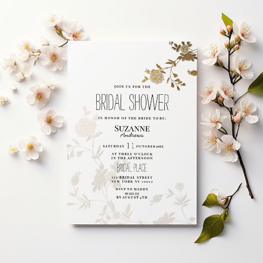 Simple chic white gold glitter flora Bridal Shower Einladung