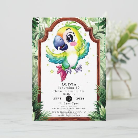 Simple Children Parrot Geburtstag Einladung (Stehend Vorderseite)