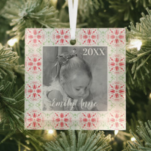 Simple Christmas Red Green Snowflake Pattern Photo Ornament Aus Glas