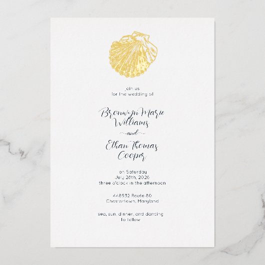 Simple Clam Seashell und Deep Preußen Blue Folieneinladung (Vorderseite)