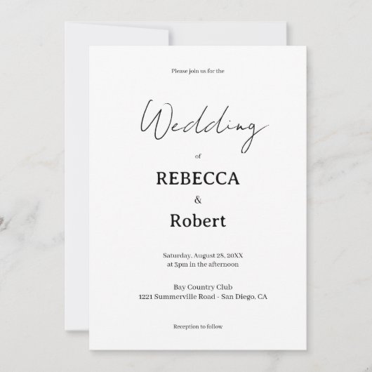 Simple Classic Black & White Wedding Invite Einladung (Vorderseite)